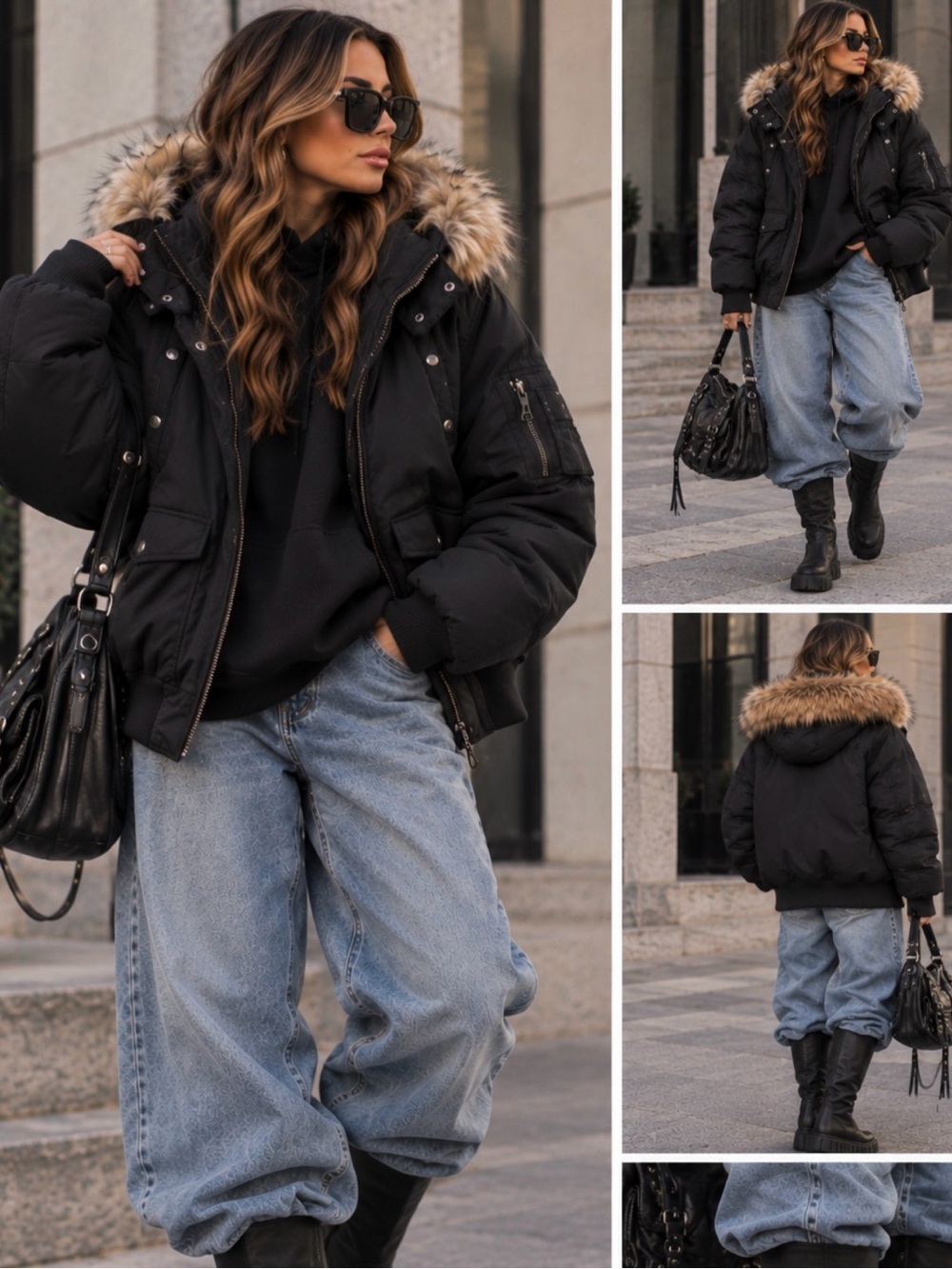 Vintage Y2K Juicy Couture Down Filled Puffer Jacket Faux Fur Hood Black size MED